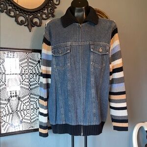 Marsh Landing Blue Denim Jean Jacket with Striped Knit Sleeves